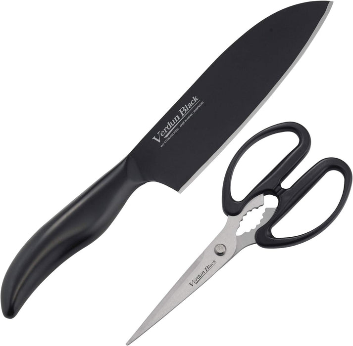 OVB-912 Shimomura Kogyo Verdun Black Santoku Knife + Kitchen Shears Set, Antibacterial, Made in Japan - Usagi Shop